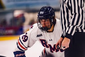 Freshman Michael Felsing prepares to take a face-off in RMU's 5-1 win vs Miami (OH) - Photo Credits: Connor Gerst